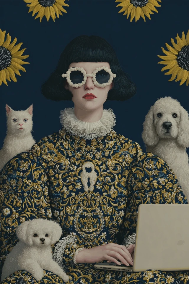 Japanese NeoPop Screenwriter with Dogs Cats and Sunflowers