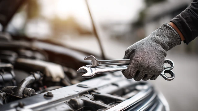 Mechanic Hand with Wrench Car Engine Bay