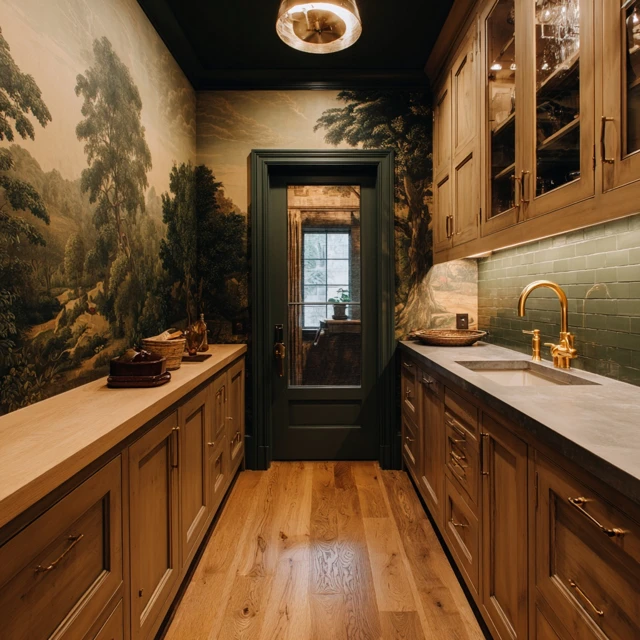 Elegant Pantry Design with Forest Wallpaper
