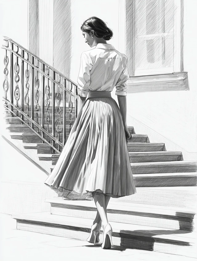 Elegant Model in Pleated Skirt Urban Setting