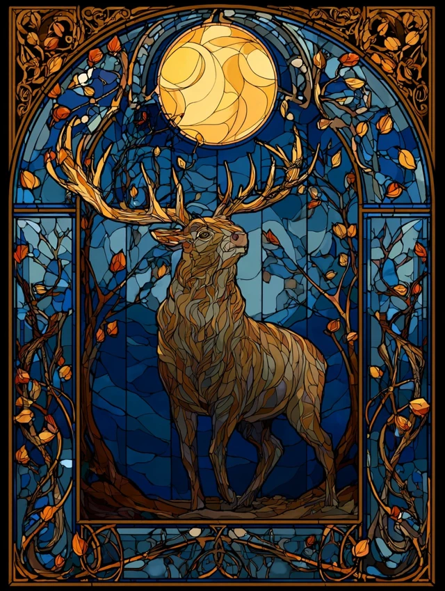 Anime Stained Glass Stag and Full Moon Art Nouveau