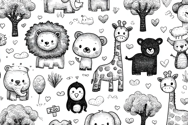 Kids Doodle Zoo Animals Black and White Vector Art