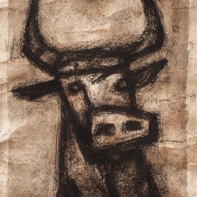 Mythological Bull Charcoal Drawing in NeoExpressionist Style