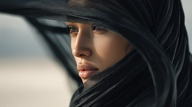 Beautiful Arabic Woman in Black Satin Portrait