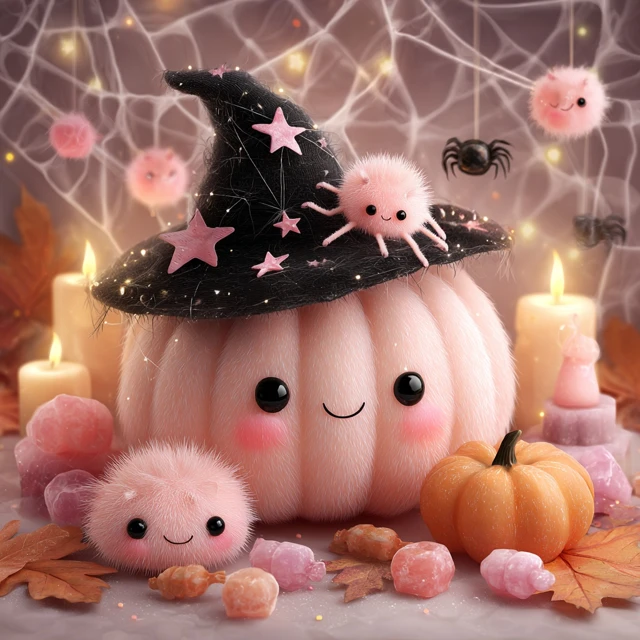 Cute Halloween Scene Pink Pumpkin Witch Hat Spider