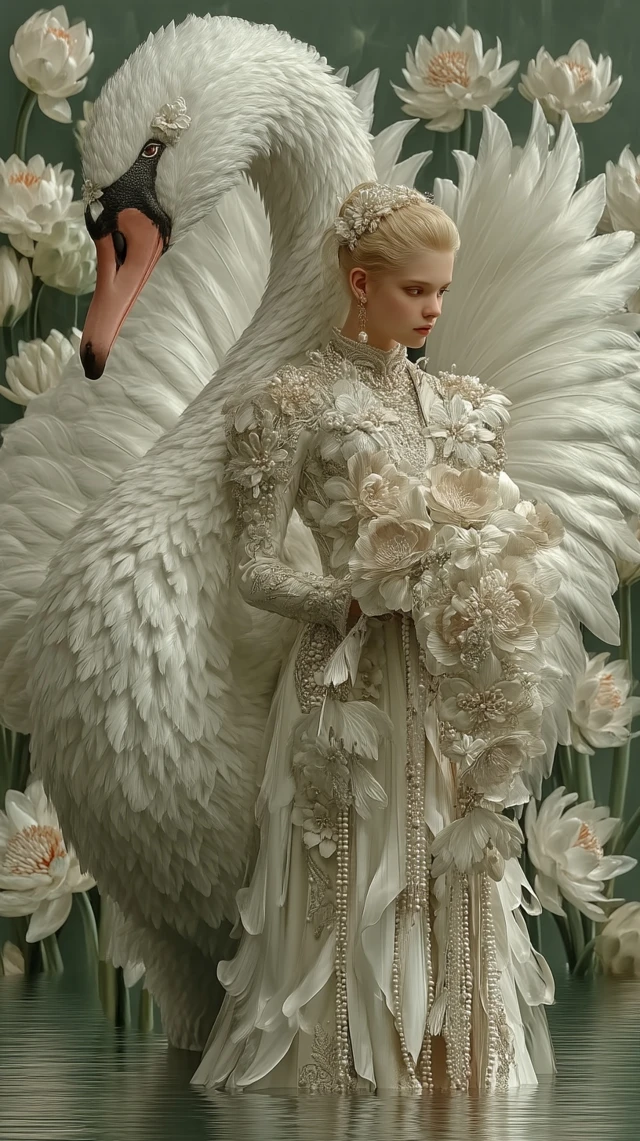 Dreamy Woman and Swan Portrait Elegant Divine