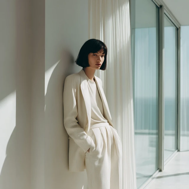 Fashion Editorial Cream Blazer Minimalist Apartment