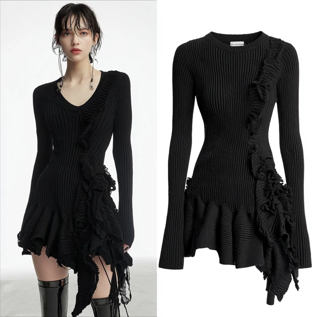 Conceptual Knitted Dress Flared Long Sleeves Ragged Style