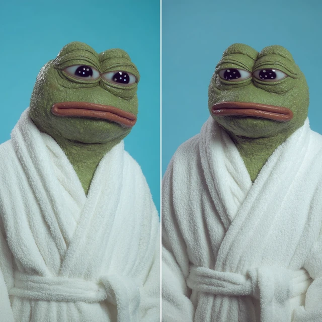 Sad Pepe the Frog in a Robe - Hyperrealistic 3D Art