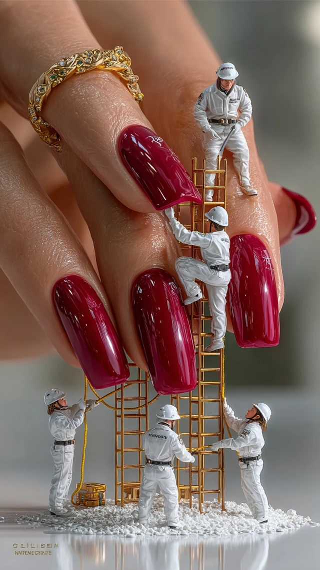 Miniature Workers Manicuring a Hand