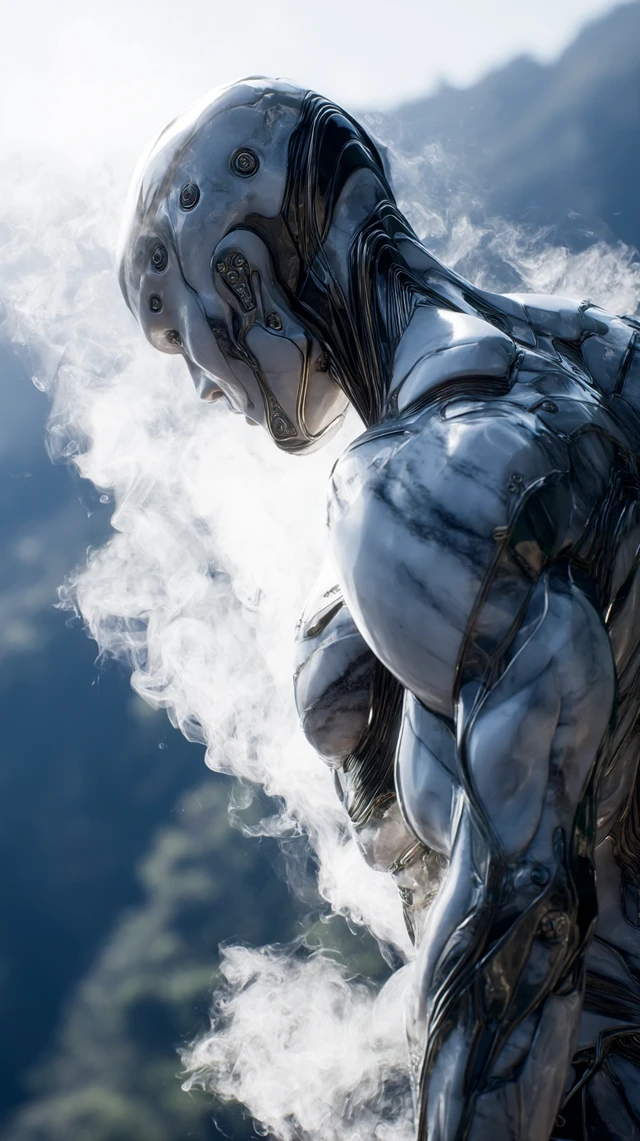 Marble Robot in Smoke Cinematic Hyperrealism