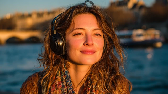 Parisian Woman Listening to Music by the Seine River