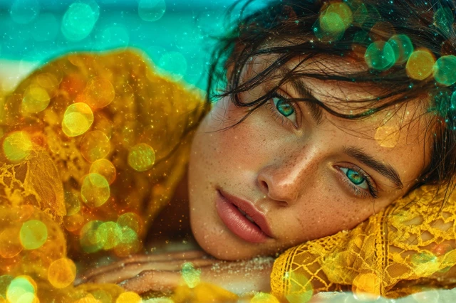 Woman in Ocean Bokeh Bliss Seaside Serenity