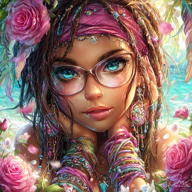 Boho Girl with Pink Roses and Glasses