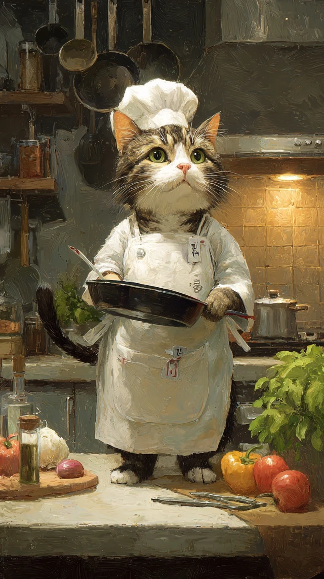 Cat Chef in a Cozy Kitchen Illustration