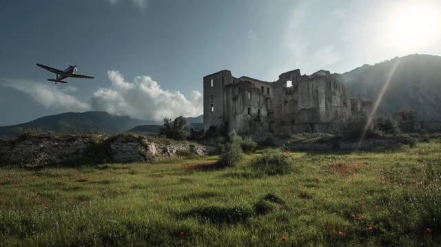 WWII Plane Over Monte Cassino Monastery Ruins