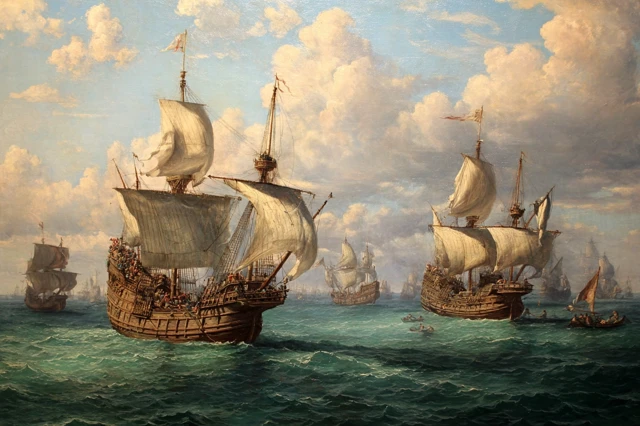 Renaissance Ships at Sea: A Painting of Merchantmen Fighting Pirates