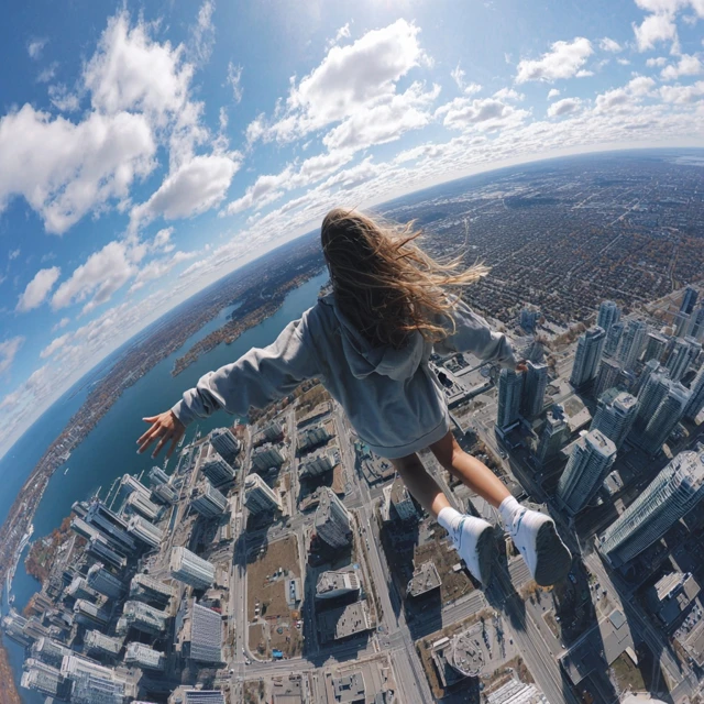 Girl Flying Over City Drone Shot Cinematic