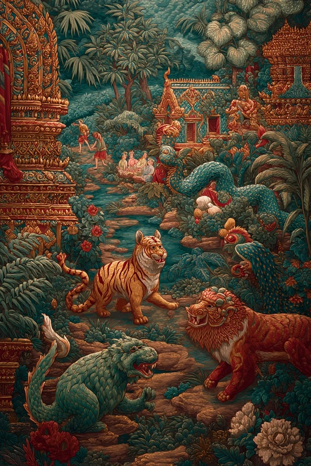 Thai Mural Mythical Creatures Temple Garden Art