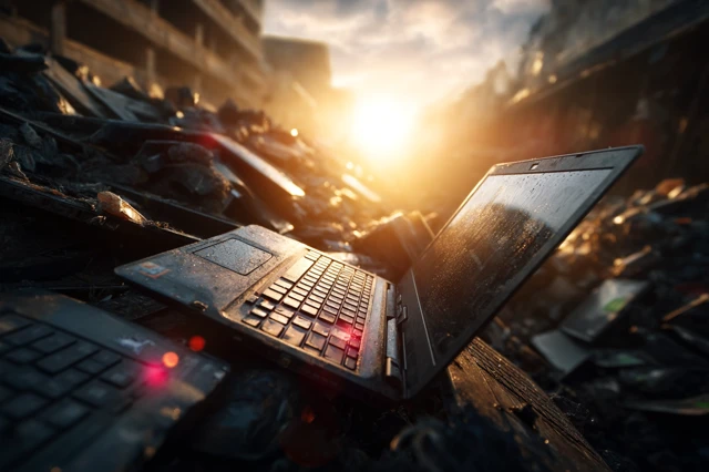 Damaged Laptop Dump Sunlight Day Wide Top View