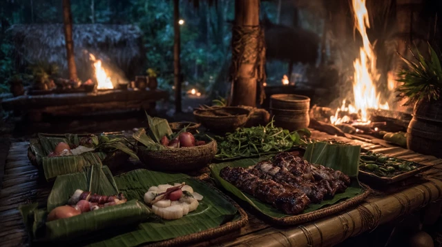 Tribal Feast: Food on Bamboo Table at Night