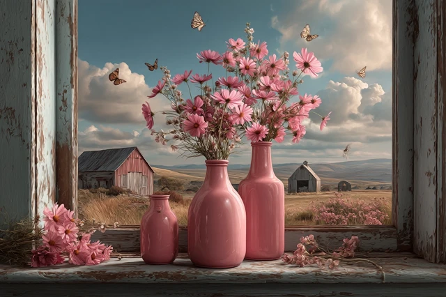 Pink Vases Flowers and Butterflies Countryside View