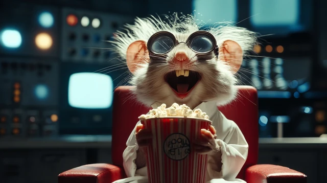 Mouse Watching TV with Popcorn in a Lab