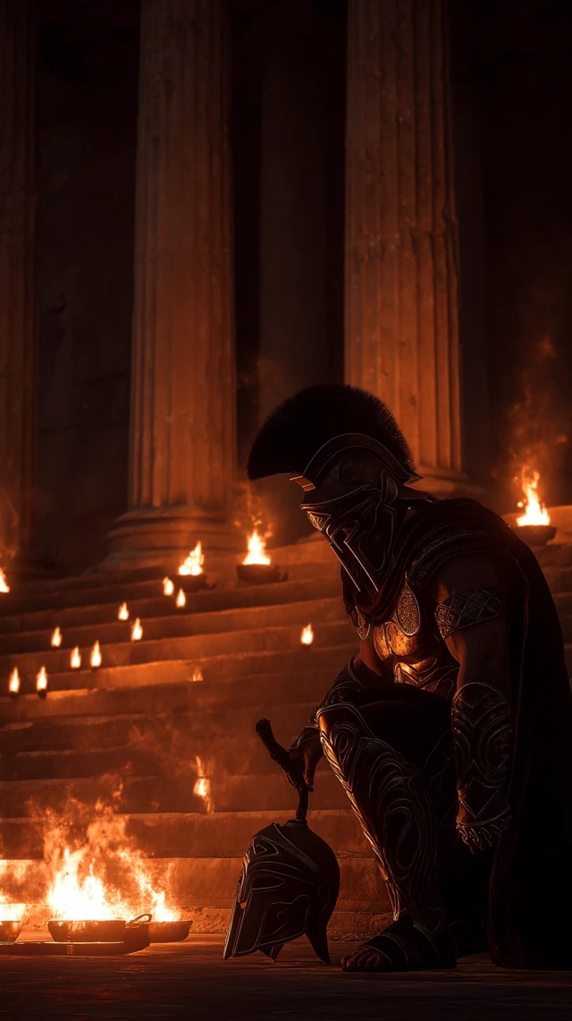 Spartan Warrior Praying at Altar of Ares
