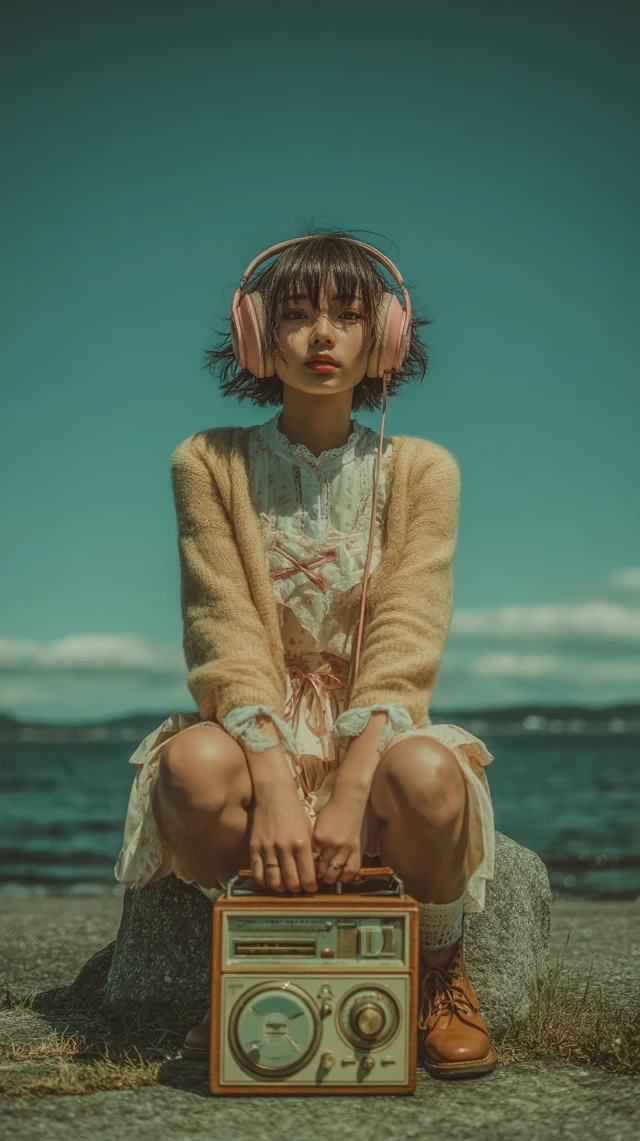Anime Girl by the Ocean with Vintage Radio