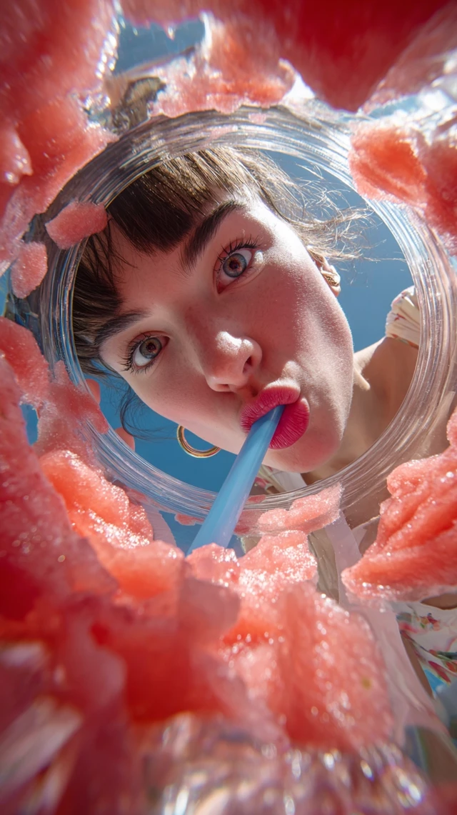 Watermelon Drink Young Woman from Below Perspective