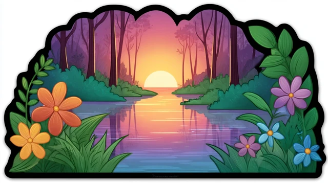 Cartoon Jungle Lake Sticker Vivid Colors