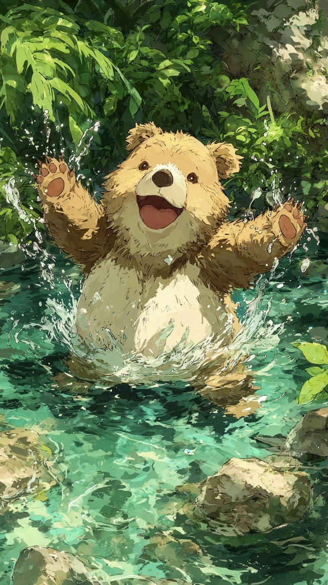Joyful Bear Cub Splashing Watercolor Illustration