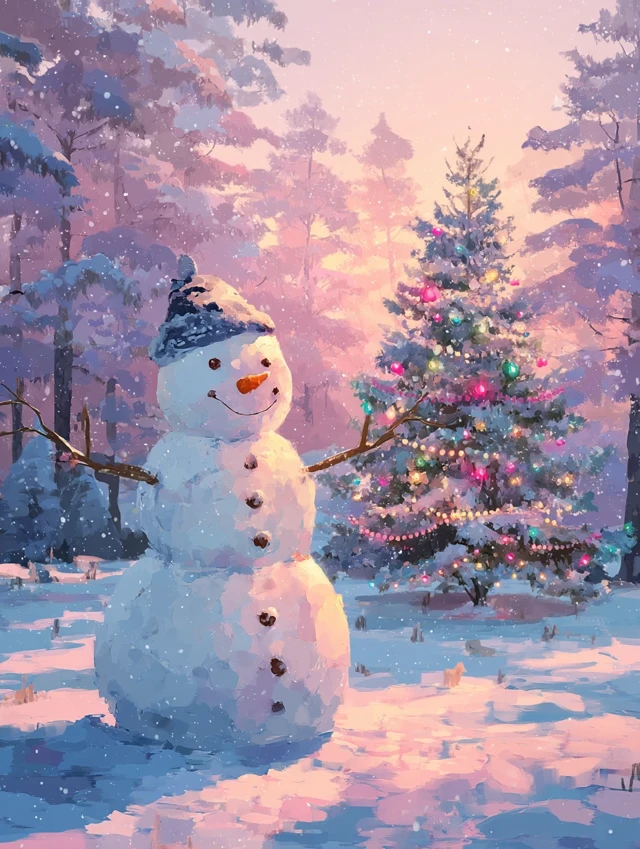 Christmas Snowman and Tree Winter Illustration