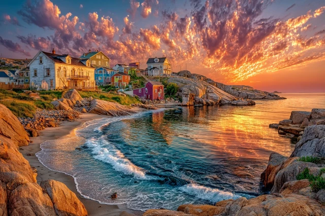Coastal Town at Sunrise Picturesque Scenery