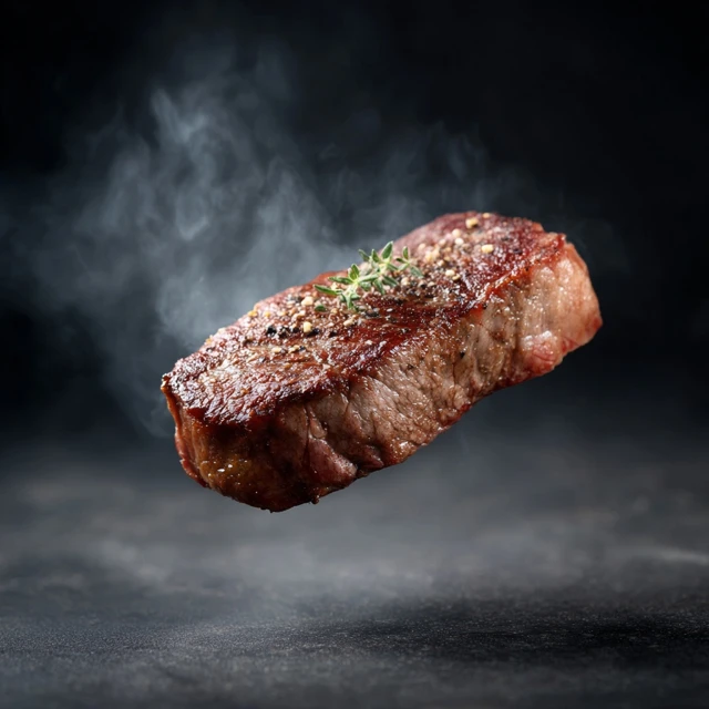 Floating Beef Steak on Black Background Food Photography