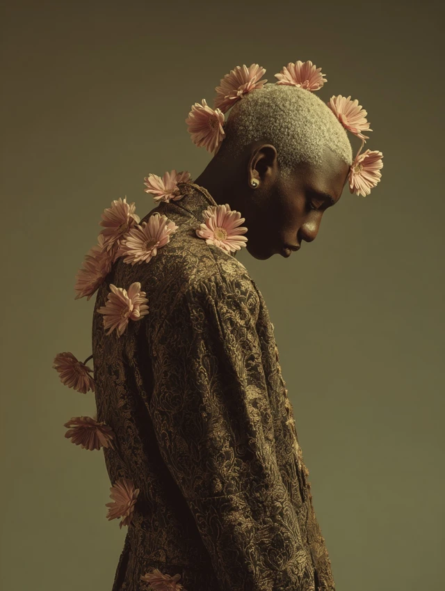 Stylish Black Male Floral Portrait Fashion Editorial