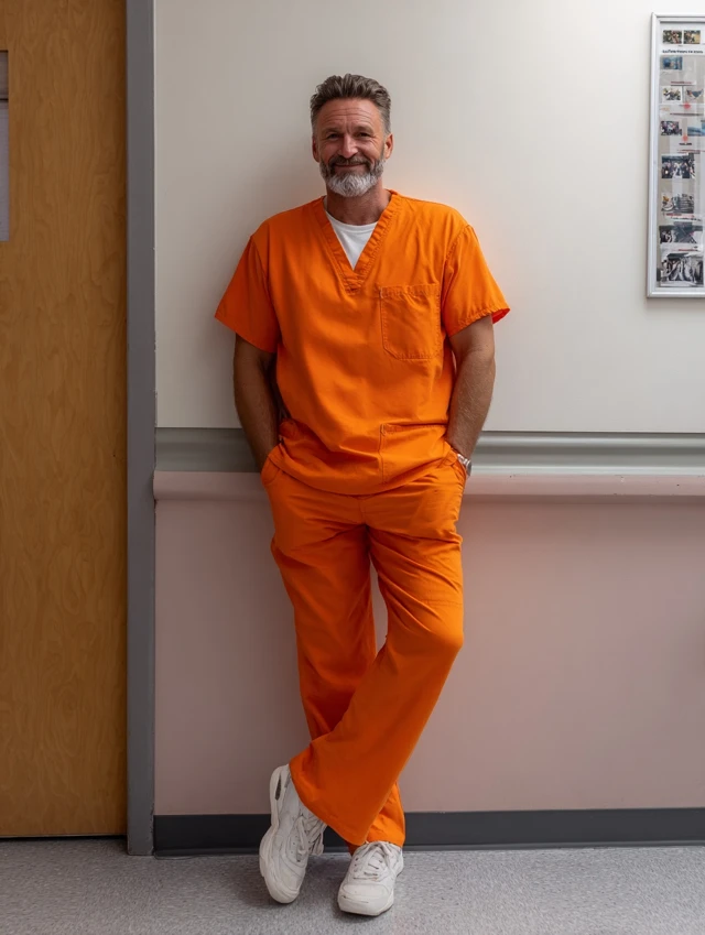 Smiling Doctor in Scrubs at Hospital