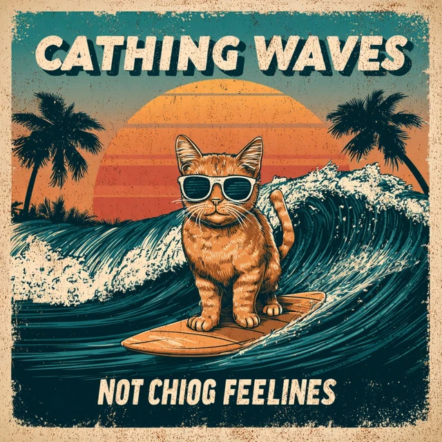 Surfing Cat Retro Beach Art