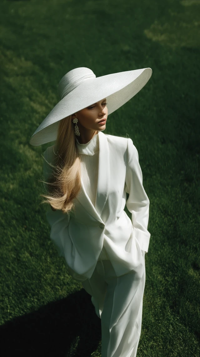 Elegant Woman in White Suit and Hat on Green Lawn