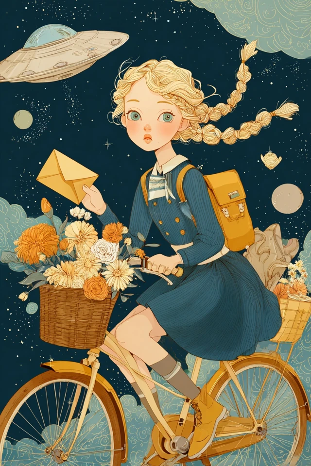 Fairy Girl on Bicycle Space Post Office Illustration