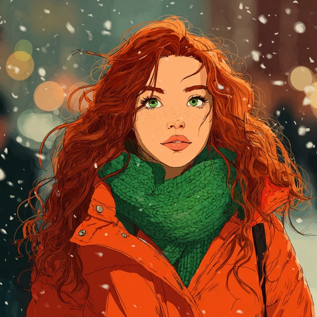 Winter Scene Young Woman with Red Hair Snowfall