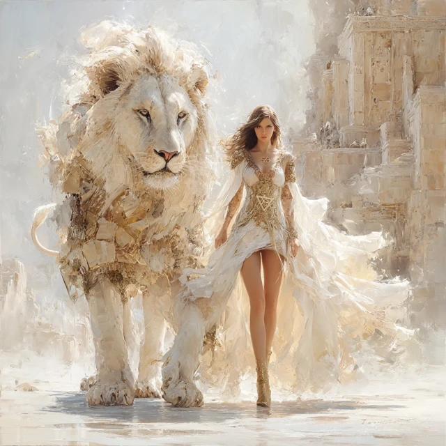 Israeli Girl and Lion Spirit: Fantasy Art