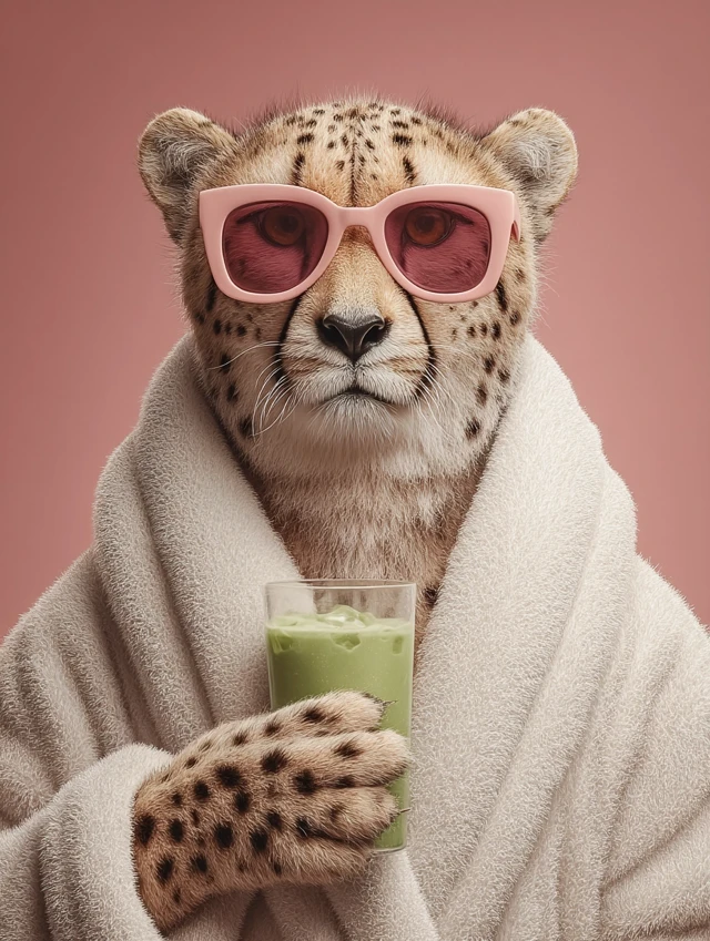 Cheetah in Sunglasses and Robe Relaxing with Matcha