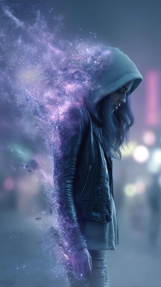 Cyberpunk Woman Disintegrating Into Energy