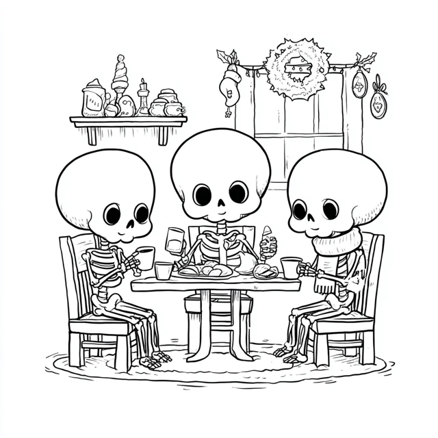 Cute Skeletons Thanksgiving Dinner Coloring Page