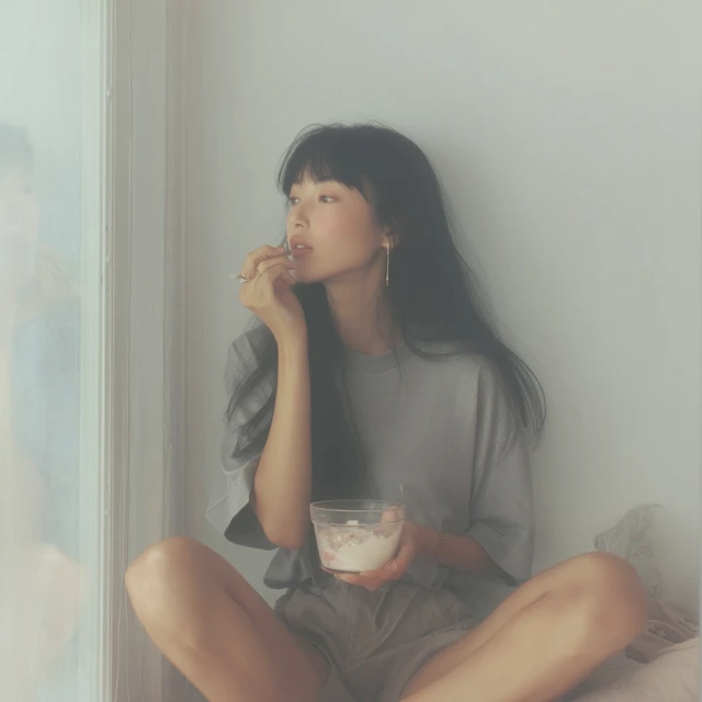 Japanese Girl Eating Yogurt Photo Realistic