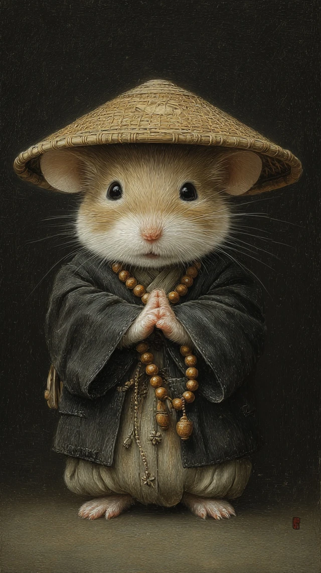 Cute Monk Mouse in Bamboo Hat Ancient Chinese Style