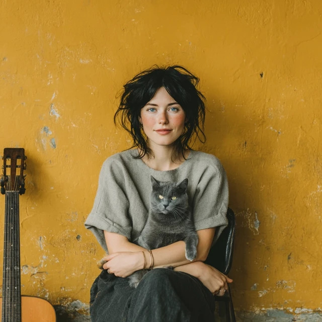 Woman with Cat and Guitar Serene Portrait