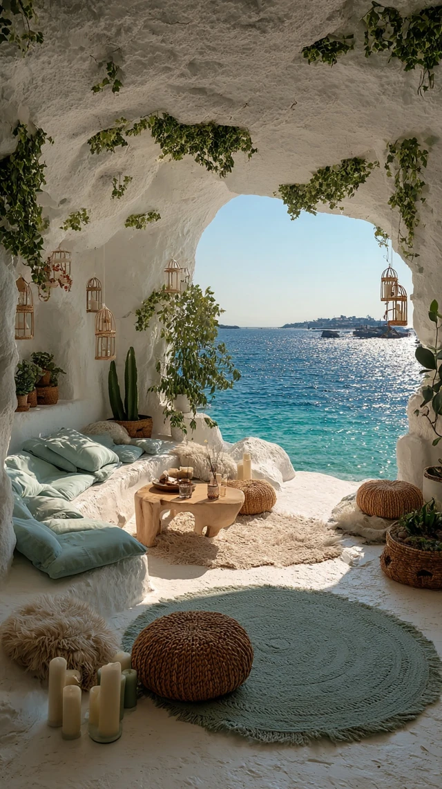 Boho Cave Retreat with Sea View Interior Design