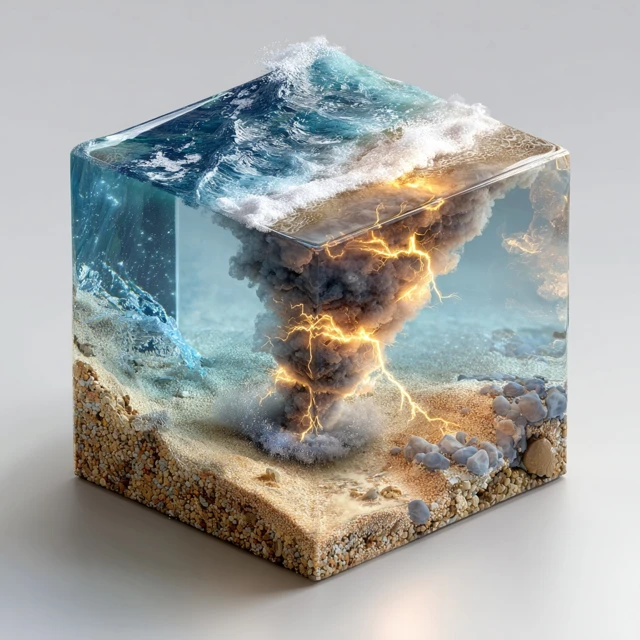 Tornado with Lightning in a Cube Ocean Waves and Sand